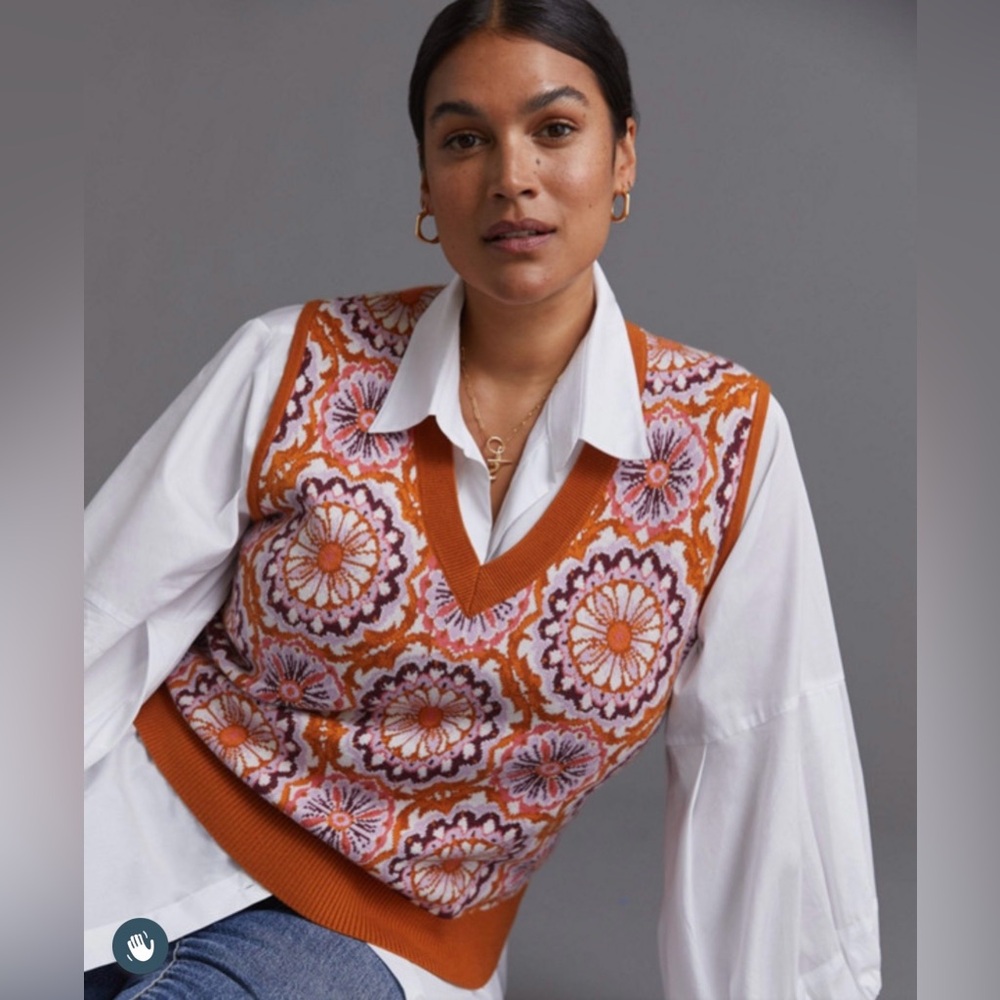 Maeve by Anthropologie Jacquard Sweater Vest Honey size small - Picture 5 of 16